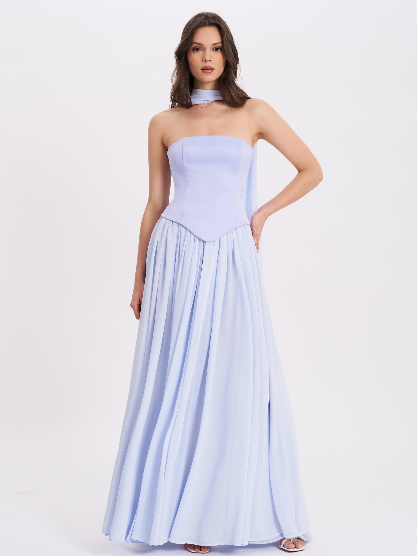 Miss Circle Qianna Baby Blue Peplum Drop Waist Chiffon Gown - Free Shipping