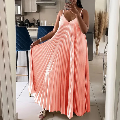 Elegant Pleated Summer Dress - Loose Waisted V-Neck Spaghetti Strap Maxi Dress-S-XXXL-Free Shipping