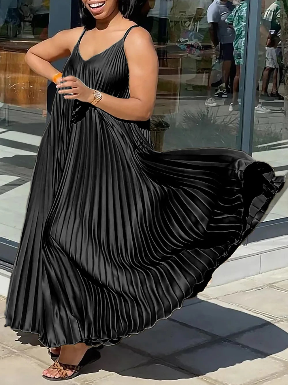 Elegant Pleated Summer Dress - Loose Waisted V-Neck Spaghetti Strap Maxi Dress-S-XXXL-Free Shipping