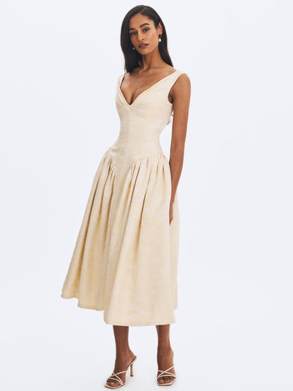 Miss Circle Elegant Chelsea Ivory Jacquard Ruched Bust Sweetheart Midi Dress - Free Shipping