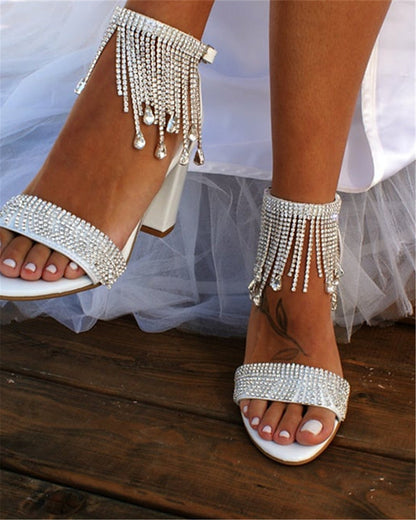 Stunning Rhinestone Chain-Link Ankle Strap Block Heel Sandal - Free Shipping