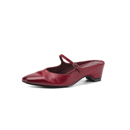 Leather Low Heel Square Toe Mary Jane Mules Sandals - Free Shipping