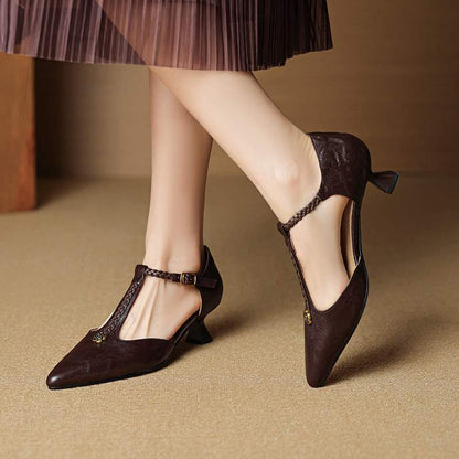 French Retro Camellia-Embellished Leather Kitten Heels - Free Shipping