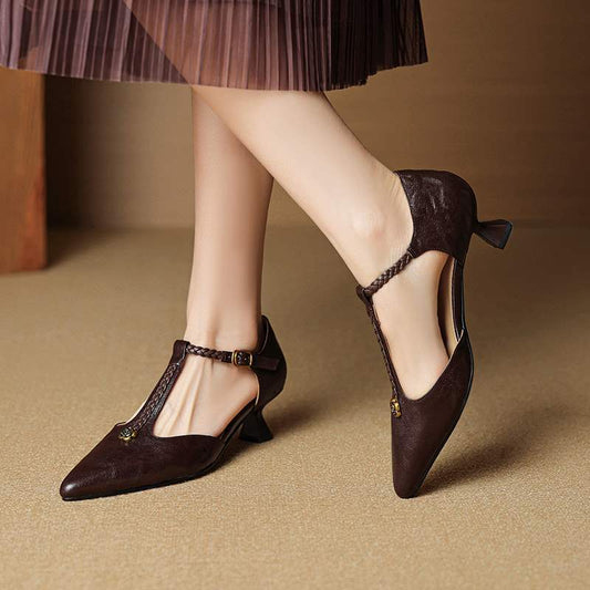 French Retro Camellia-Embellished Leather Kitten Heels - Free Shipping