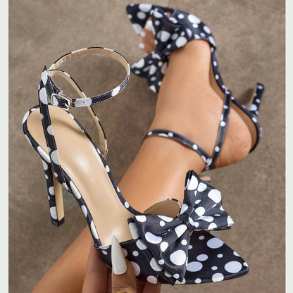 Elegant Silk Polka-Dot Pointed-Toe High Heels with Bow Detail - Free Shipping