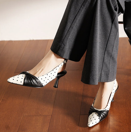 Polka Dot Pointed Toe Genuine Lambskin Slingback Heels - Free Shipping