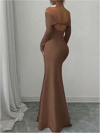 Sophisticated Off-Shoulder Long Sleeve Open-Back Bodycon Mermaid Dress-Free Shipping