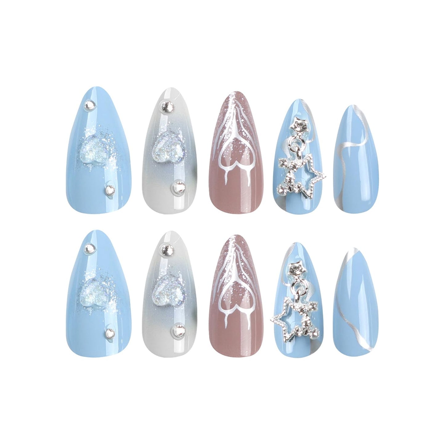 24PC Almond Glossy Press-On Nails - Medium Length, 3D Designs-Free Shipping