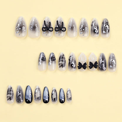 24PC Almond Glossy Press-On Nails - Medium Length, 3D Designs-Free Shipping