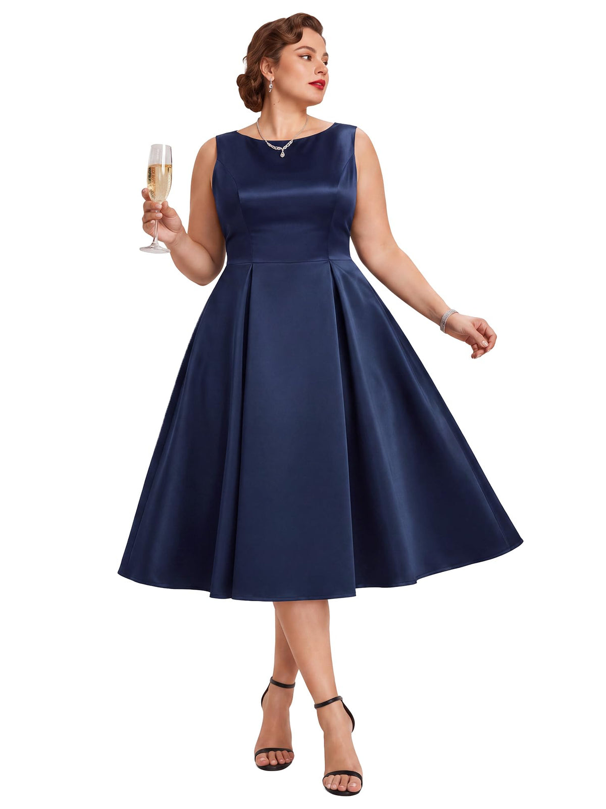 Elegant Plus Size Satin Sleeveless Fit and Flare Midi Dress, Navy Blue front