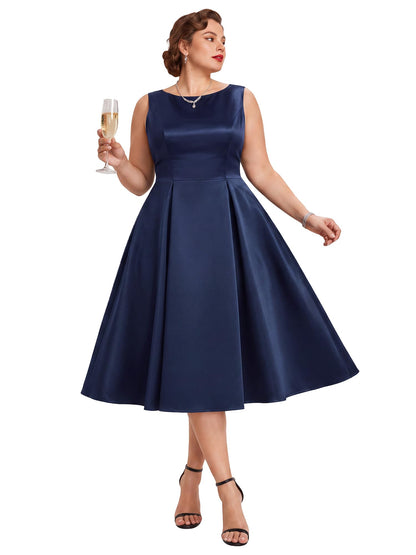 Elegant Plus Size Satin Sleeveless Fit and Flare Midi Dress, Navy Blue front