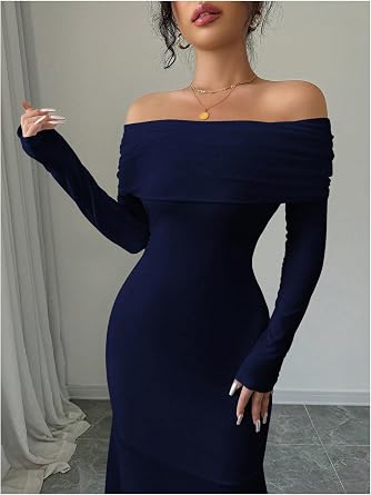 Refined Off-Shoulder Long Sleeve Open-Back Bodycon Mermaid Dress-Free Shipping