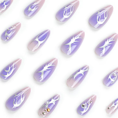 24PC Almond Glossy Press-On Nails - Medium Length, 3D Designs-Free Shipping