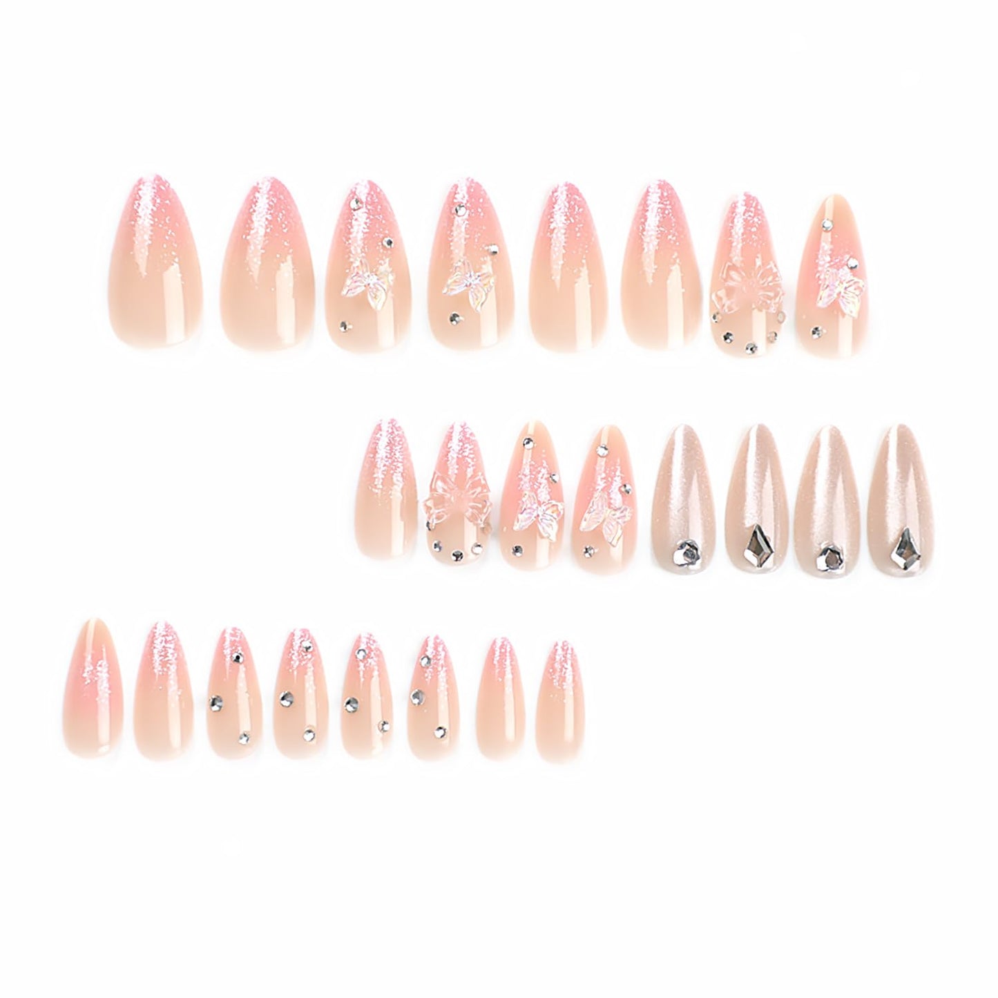 24PC Almond Glossy Press-On Nails - Medium Length, 3D Designs-Free Shipping