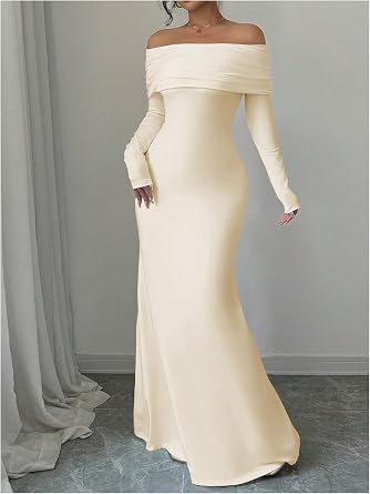 Sophisticated Off-Shoulder Long Sleeve Open-Back Bodycon Mermaid Dress-Free Shipping