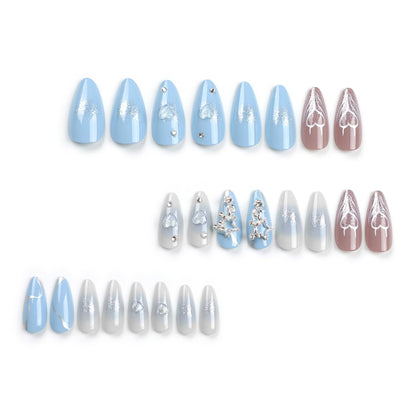 24PC Almond Glossy Press-On Nails - Medium Length, 3D Designs-Free Shipping