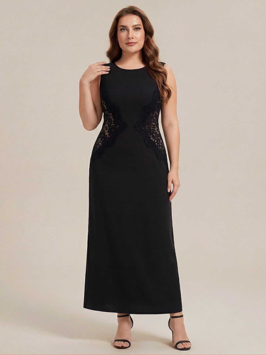 Elegant Plus Size Round Neck Sleeveless Colorblock Lace Maxi Dress, Black front third pose