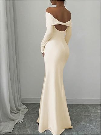 Sophisticated Off-Shoulder Long Sleeve Open-Back Bodycon Mermaid Dress-Free Shipping