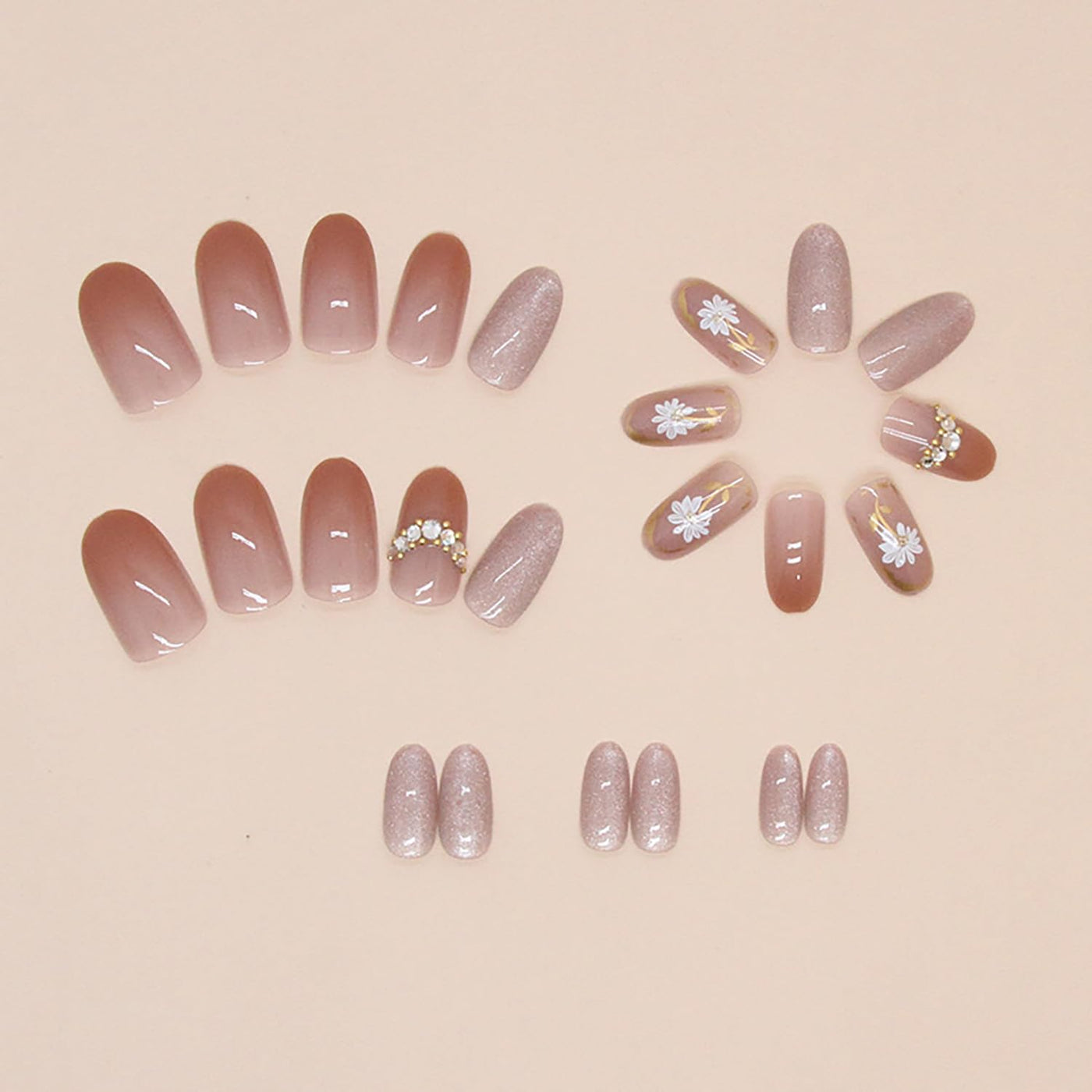 24PC Almond Glossy Press-On Nails - Medium Length, 3D Designs-Free Shipping