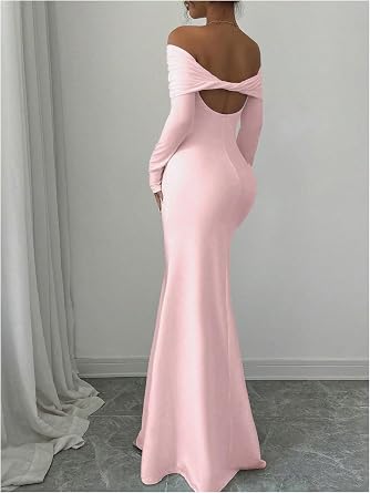 Refined Off-Shoulder Long Sleeve Open-Back Bodycon Mermaid Dress-Free Shipping