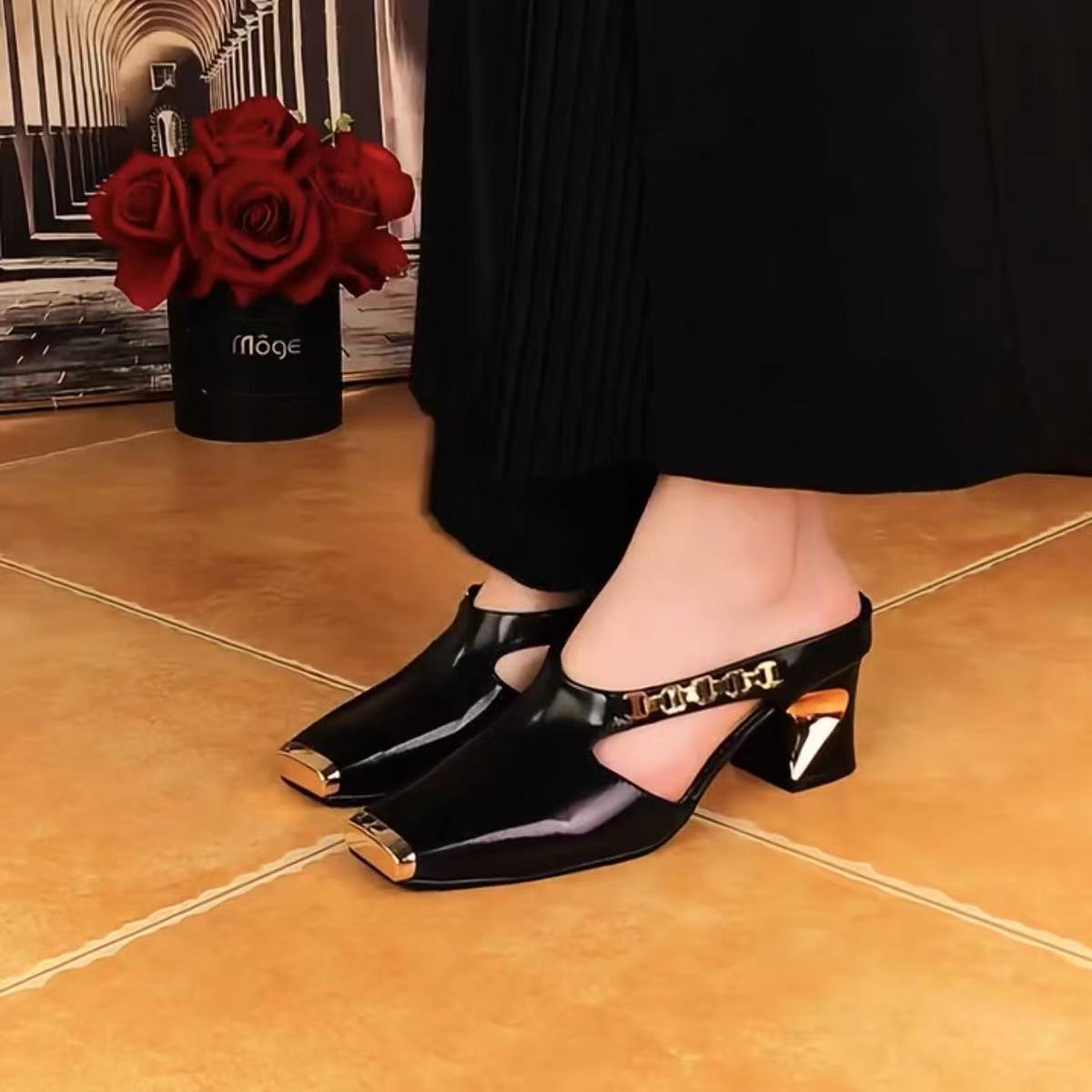 Square-Toe Metal-Cap PU Upper Half-Slipper Heels - Free Shipping