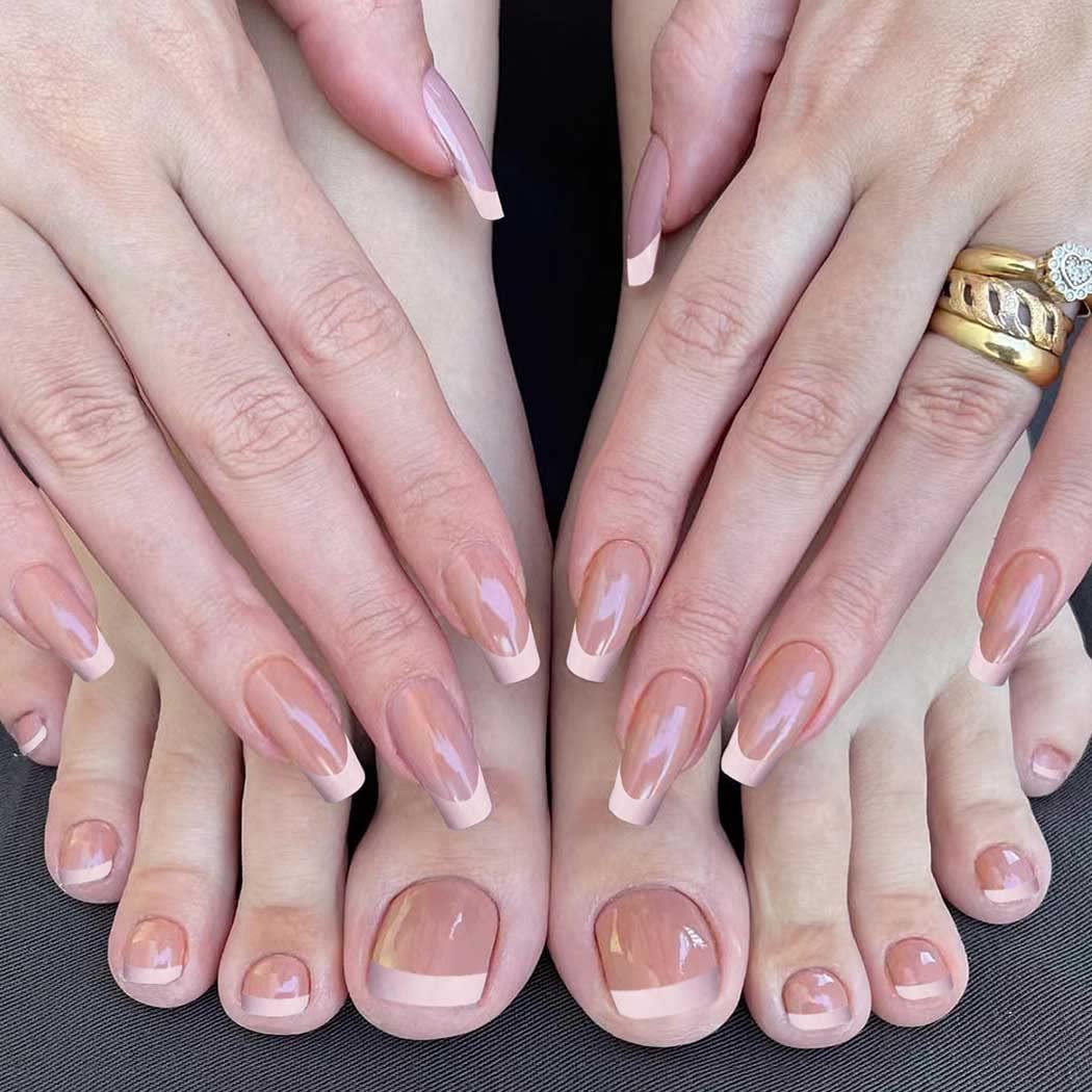 Classic Nude French Press-On Nail Set for Fingers and Toes, Shimmer and Glossy Finish-Free Shipping