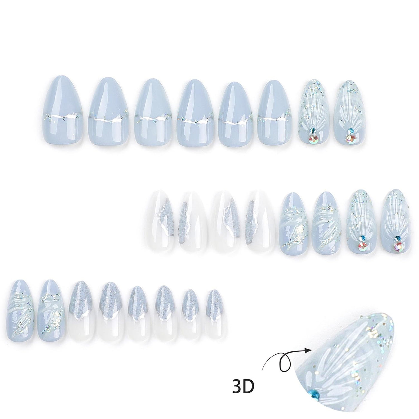 24PC Almond Glossy Press-On Nails - Medium Length, 3D Designs-Free Shipping