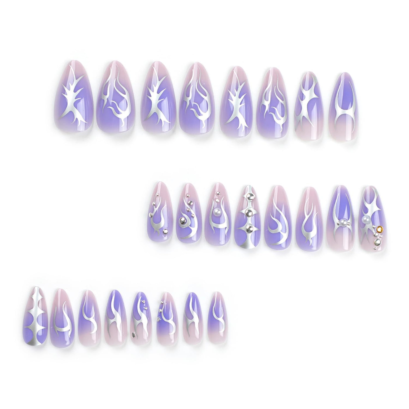 24PC Almond Glossy Press-On Nails - Medium Length, 3D Designs-Free Shipping