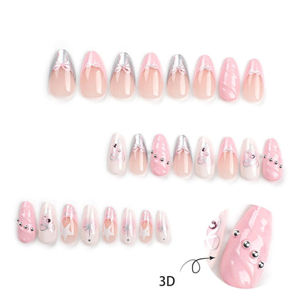 24PC Almond Glossy Press-On Nails - Medium Length, 3D Designs-Free Shipping