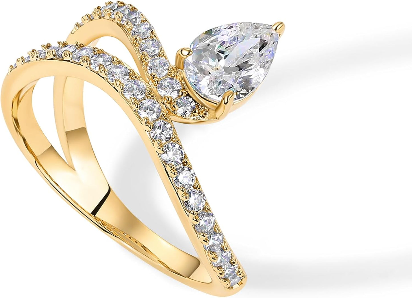 Modern Elegant Pear-Shaped Open-Band Leaf CZ 14K GP Ring - Free Shipping