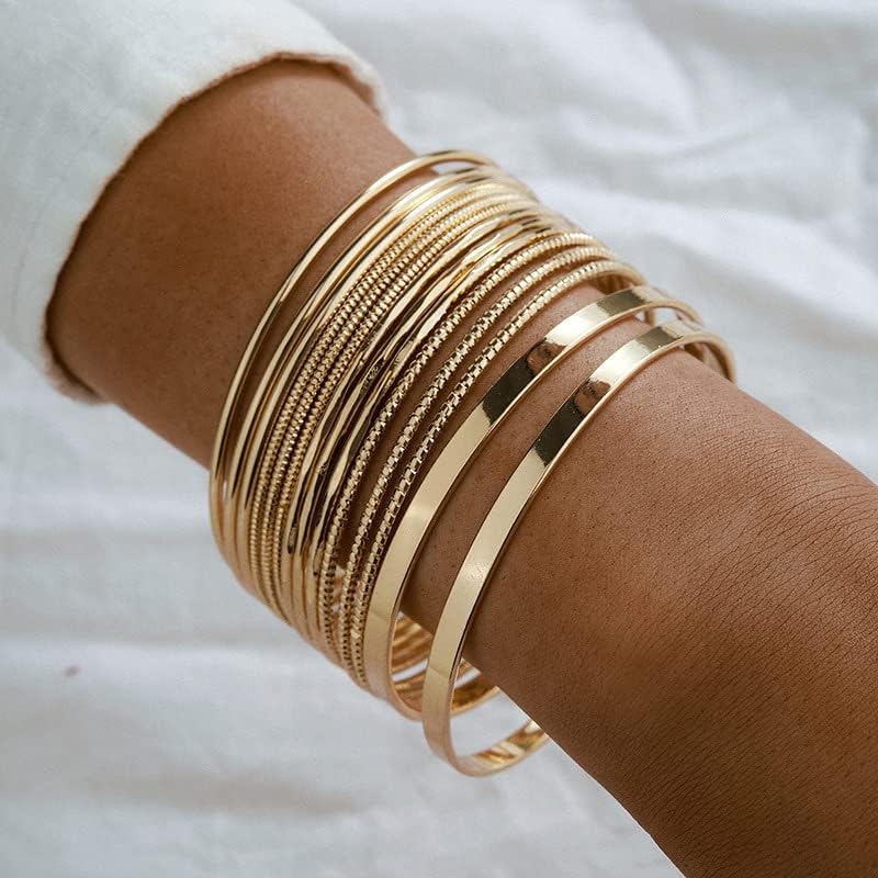 Gold and Silver Bangle Bracelet Sets - Multi-Layer Stackable Textured Bangles