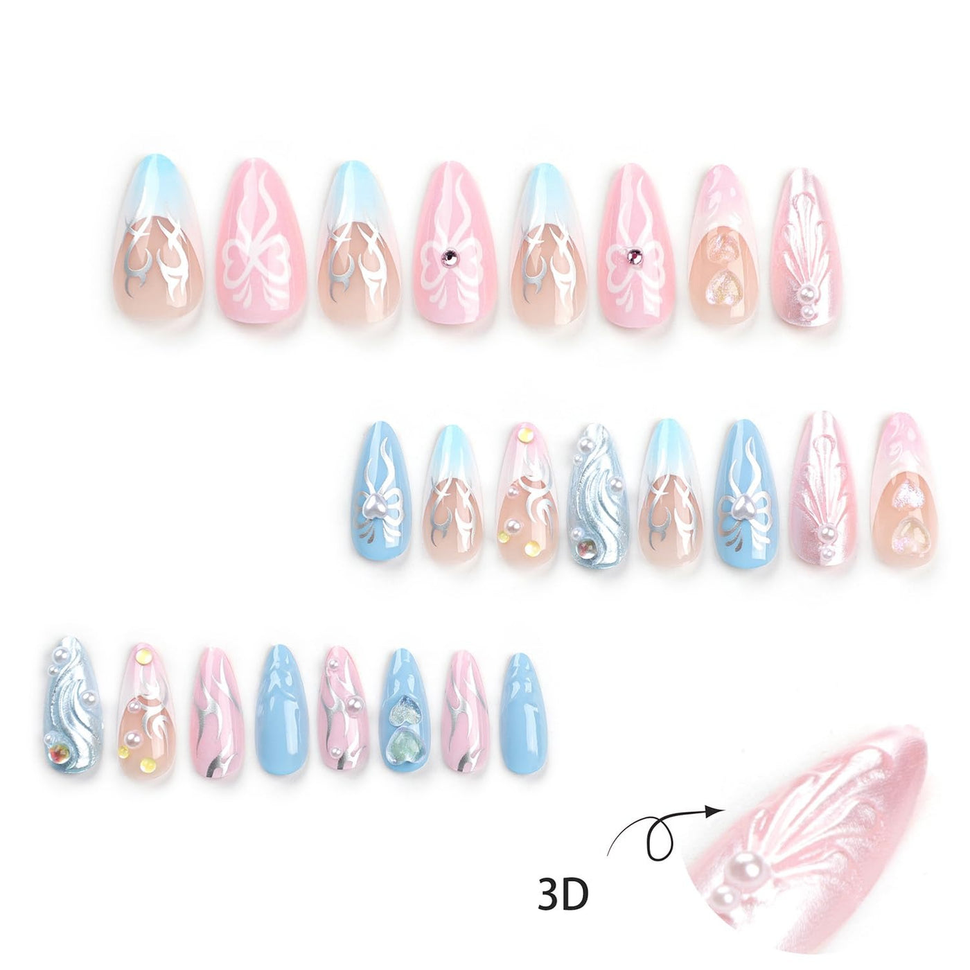 24PC Almond Glossy Press-On Nails - Medium Length, 3D Designs-Free Shipping