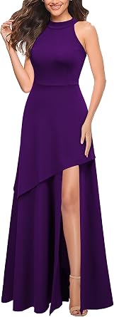 Graceful Halter Hi-Lo Slit Fit and Flare Maxi Dress-Free Shipping