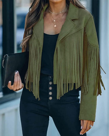 Trendy White Women’s Leather Boyfriend Cropped Jacket with Tassels Edgy and Trendy-Free Shipping