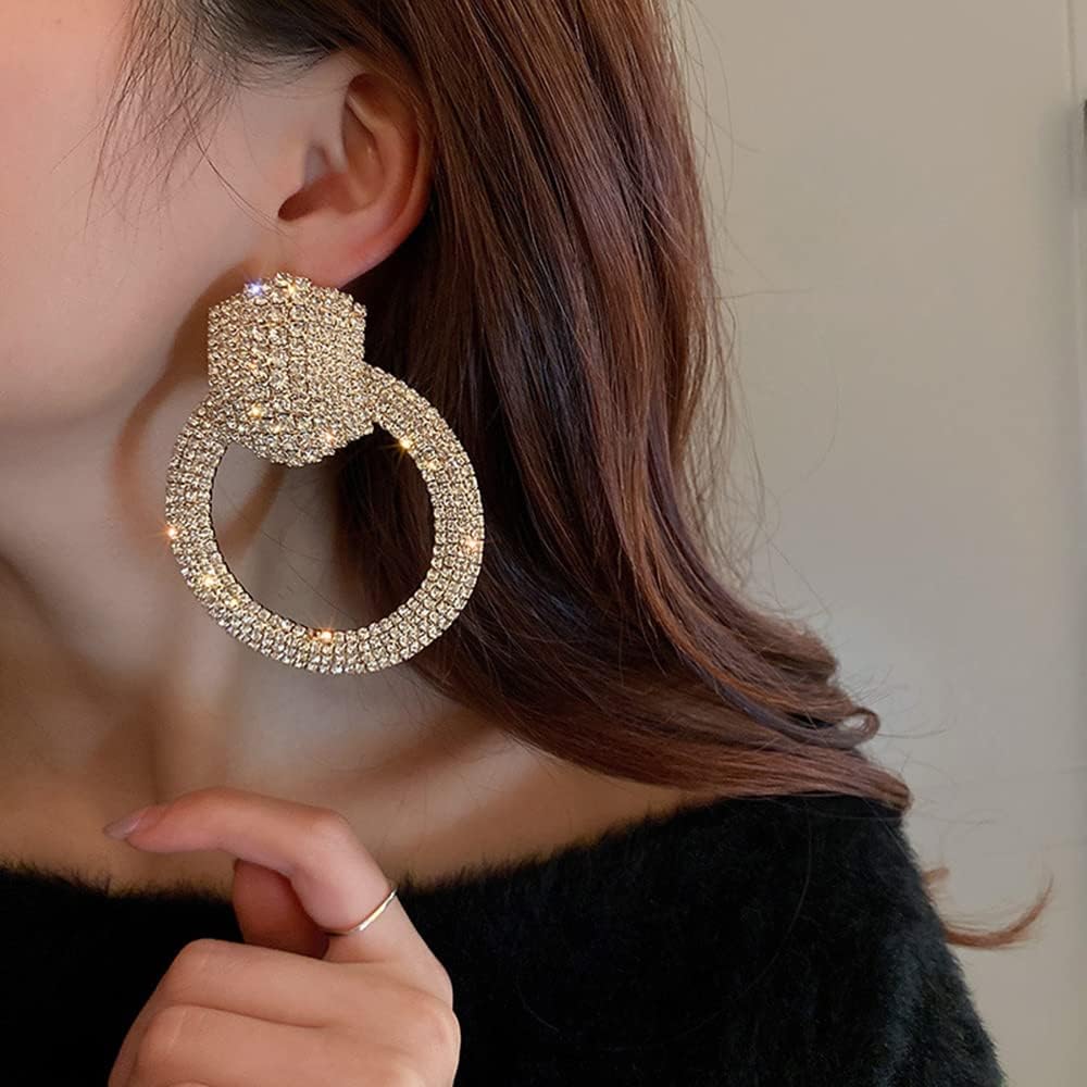 Elegant Geometric Circle Rhinestone Dangle Earrings - Fashion Statement-Free Shipping