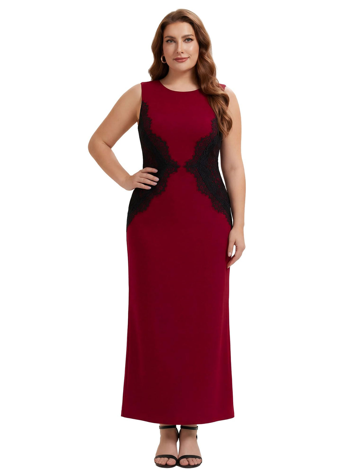 Elegant Plus Size Round Neck Sleeveless Colorblock Lace Maxi Dress, Dark Red front
