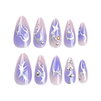 24PC Almond Glossy Press-On Nails - Medium Length, 3D Designs-Free Shipping