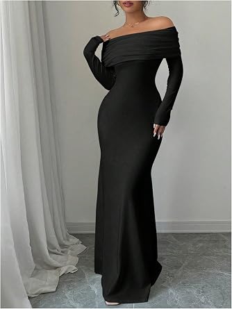 Sophisticated Off-Shoulder Long Sleeve Open-Back Bodycon Mermaid Dress-Free Shipping