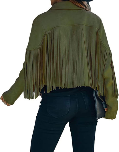 green leather cropped jacket with tassels