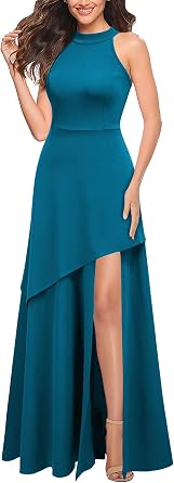 Graceful Halter Hi-Lo Slit Fit and Flare Maxi Dress-Free Shipping