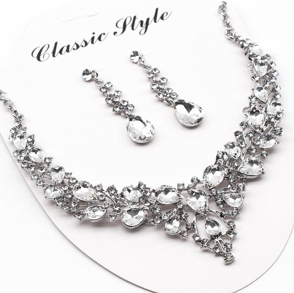 Elegant Rhinestone Necklace Earrings Set for Women - Statement Crystal Jewelry with Free Shipping