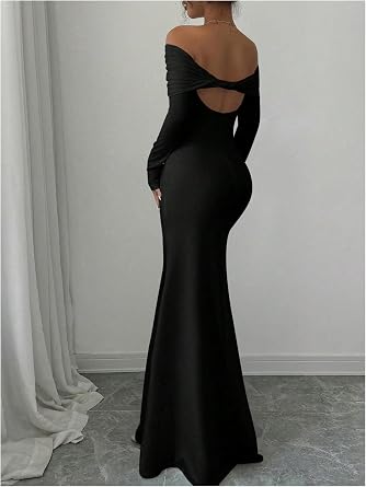 Sophisticated Off-Shoulder Long Sleeve Open-Back Bodycon Mermaid Dress-Free Shipping