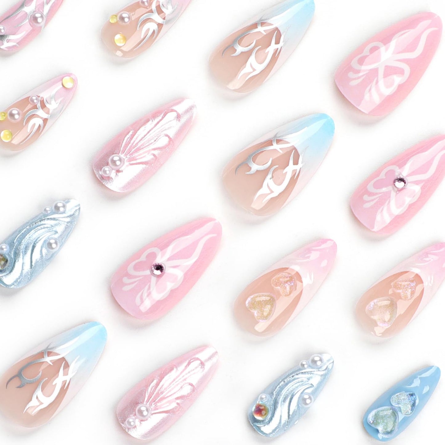 24PC Almond Glossy Press-On Nails - Medium Length, 3D Designs-Free Shipping