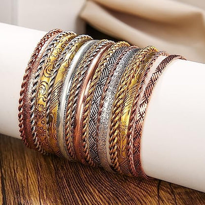 Gold and Silver Bangle Bracelet Sets - Multi-Layer Stackable Textured Bangles