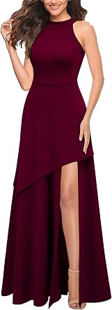 Chic Halter Hi-Lo Slit Fit and Flare Maxi Dress-Free Shipping