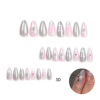 24PC Almond Glossy Press-On Nails - Medium Length, 3D Designs-Free Shipping