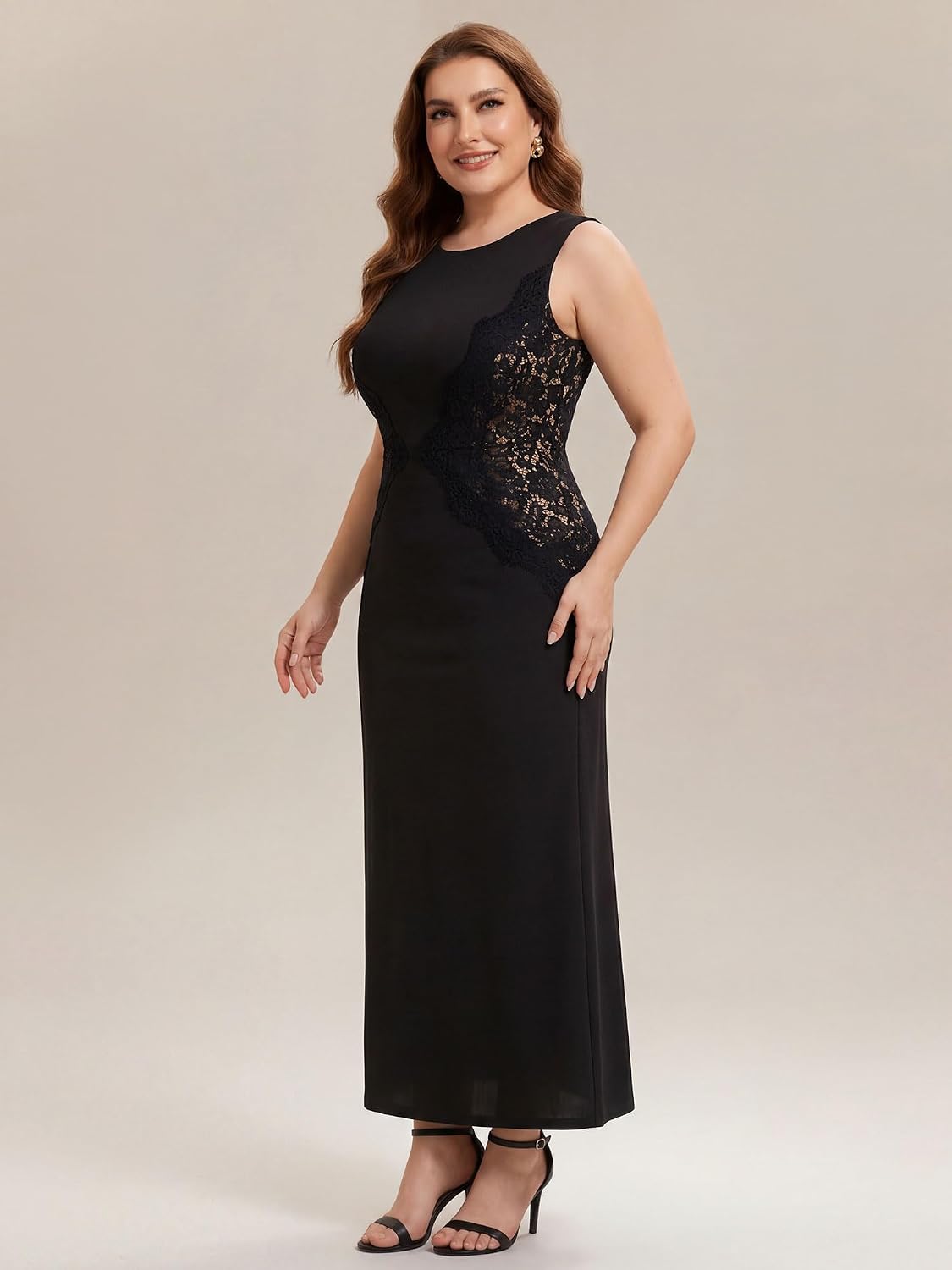 Elegant Plus Size Round Neck Sleeveless Colorblock Lace Maxi Dress, Black front alternate