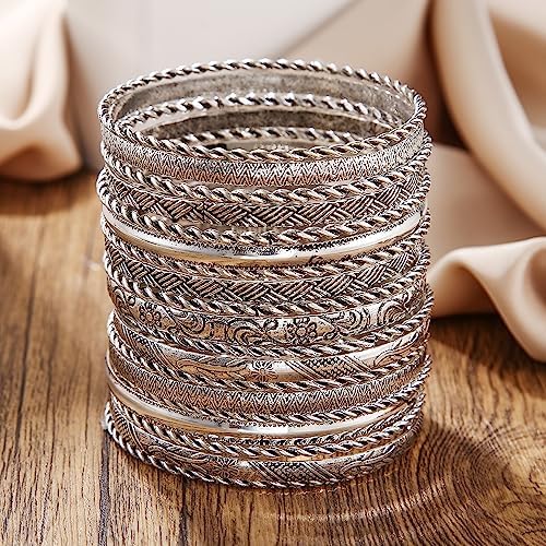 Gold and Silver Bangle Bracelet Sets - Multi-Layer Stackable Textured Bangles