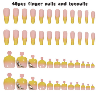 Trendy Yellow French Press-On Nail Set for Fingers and Toes, Shimmer and Glossy Finish-Free Shipping