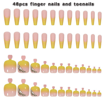 Trendy Yellow French Press-On Nail Set for Fingers and Toes, Shimmer and Glossy Finish-Free Shipping